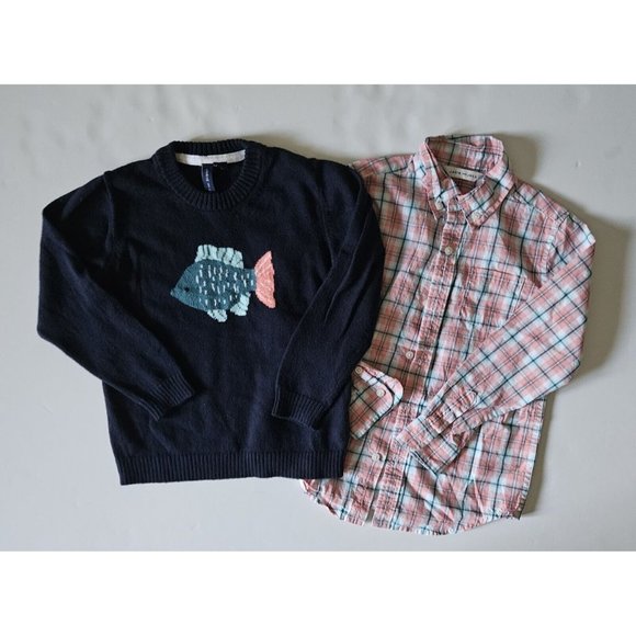 Janie and Jack 5 A Magical Afternoon Fish Sweater Plaid Button Up Shirt - Picture 1 of 3